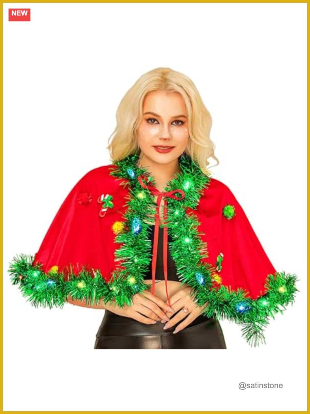 TWINKLEDE Light Up Red Velvet Christmas Cloak Cape Shawl Party Costume